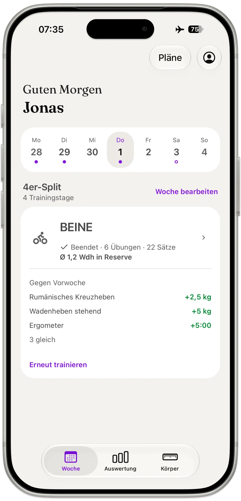 Startbildschirm von Satzwerk: Wochenkalender, Plan und ein beendeter Trainingstag mit dem Vergleich gegen die Vorwoche