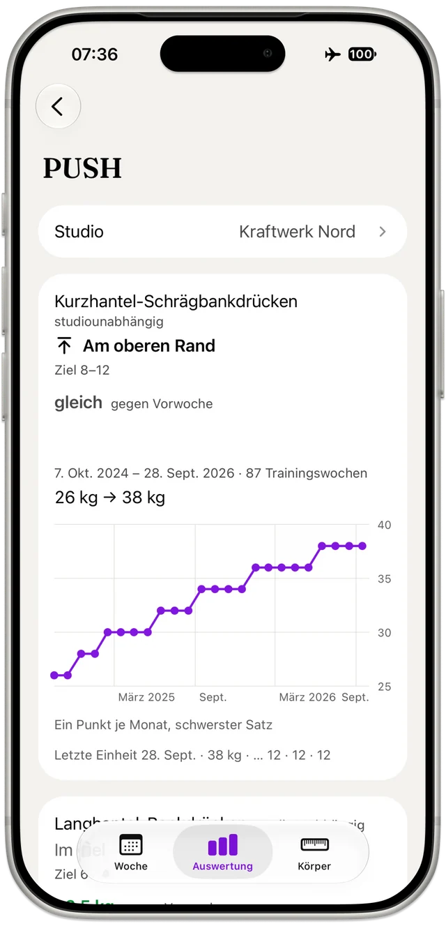 Satzwerk Pro, Seite einer Übung: Befund zum Wiederholungsziel, Vergleich mit der Vorwoche und Kurve des schwersten Satzes